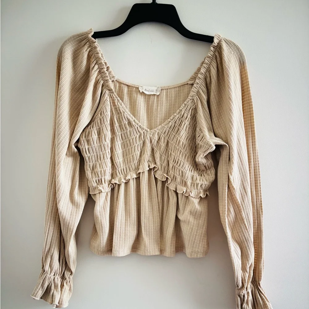 Altar'd State Top Smocked Beige Long Sleeve Blouse Women L Boho Cottagecore USA